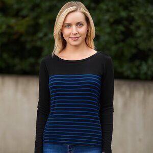 Max Studio Black & Blue Striped Knit Top | Button Shoulder Detail | See Measurem